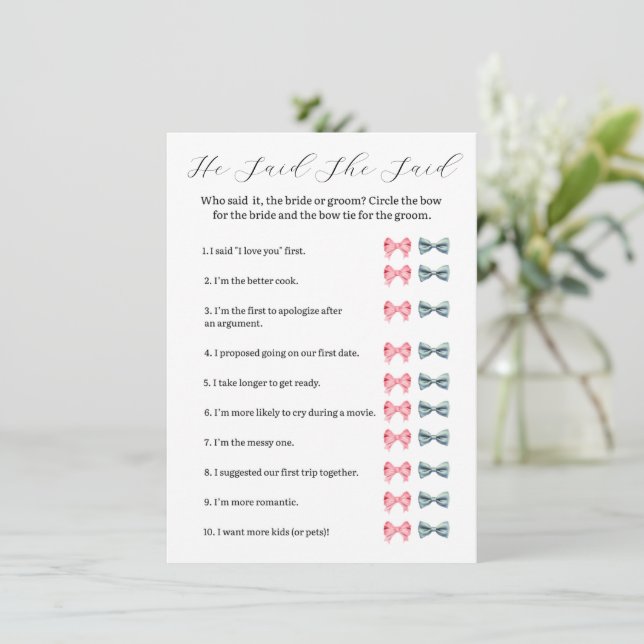Invitation Pink Bow Il Dit Qu'Elle A Dit Jeu - Fête des marié (Debout devant)