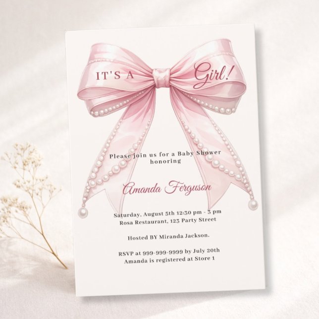Invitation Pink bow ivory it's a girl pearls Baby Shower (Créateur téléchargé)