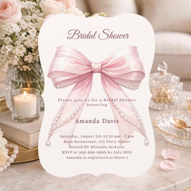 Invitation Pink bow ivory pearls elegant Bridal Shower (Créateur téléchargé)
