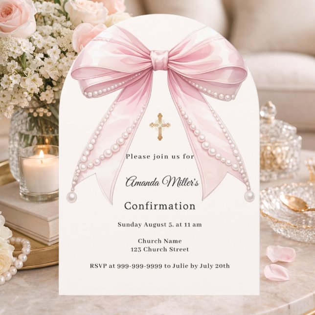 Invitation Pink bow ivory pearls girl Confirmation arch (Créateur téléchargé)