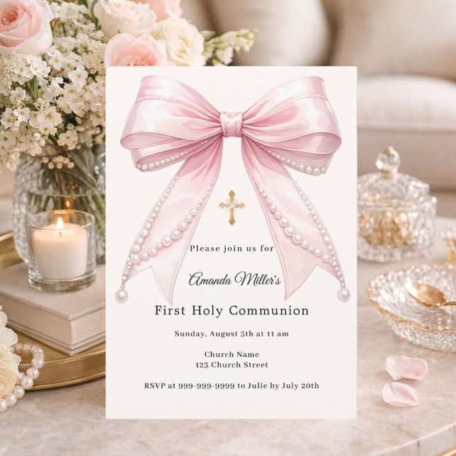 Invitation Pink bow ivory pearls girl elegant First Communion (Créateur téléchargé)