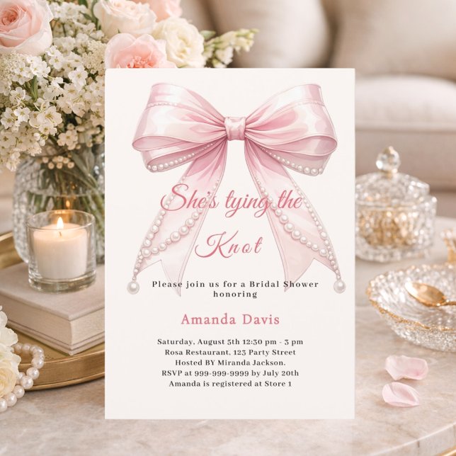 Invitation Pink bow ivory pearls tying knot Bridal Shower (Créateur téléchargé)