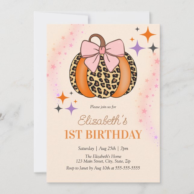 Invitation Pink Bow Leopard Citrouille fille Halloween Annive (Devant)