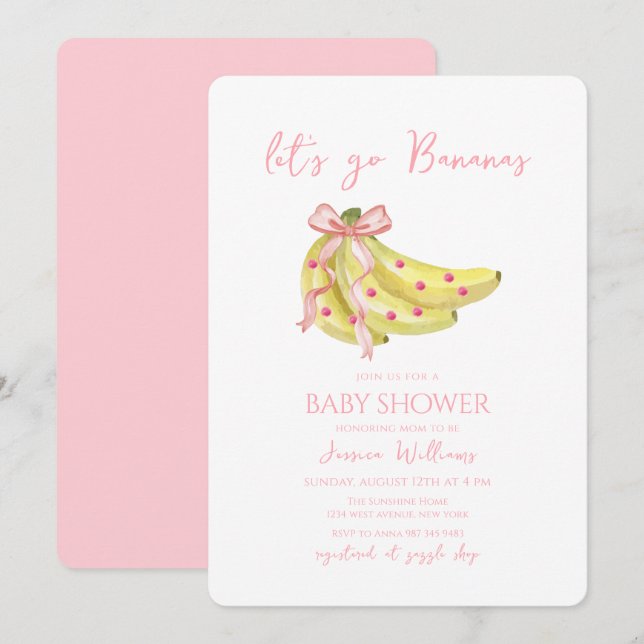 Invitation Pink Bow Let's Go Bananas Baby Shower (Devant / Derrière)