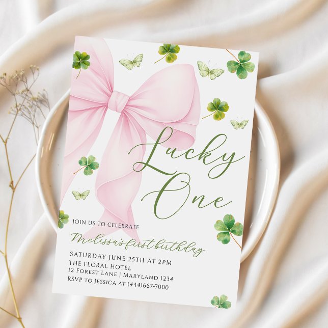 Invitation Pink Bow Lucky One Shamrock Clover 1st Birthday (Créateur téléchargé)
