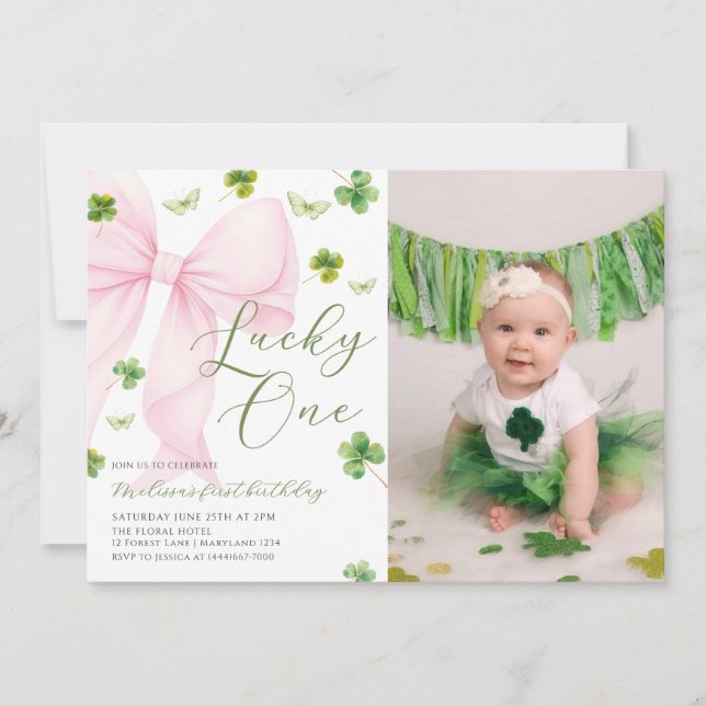 Invitation Pink Bow Lucky One Shamrock Clover 1st Birthday    (Devant)