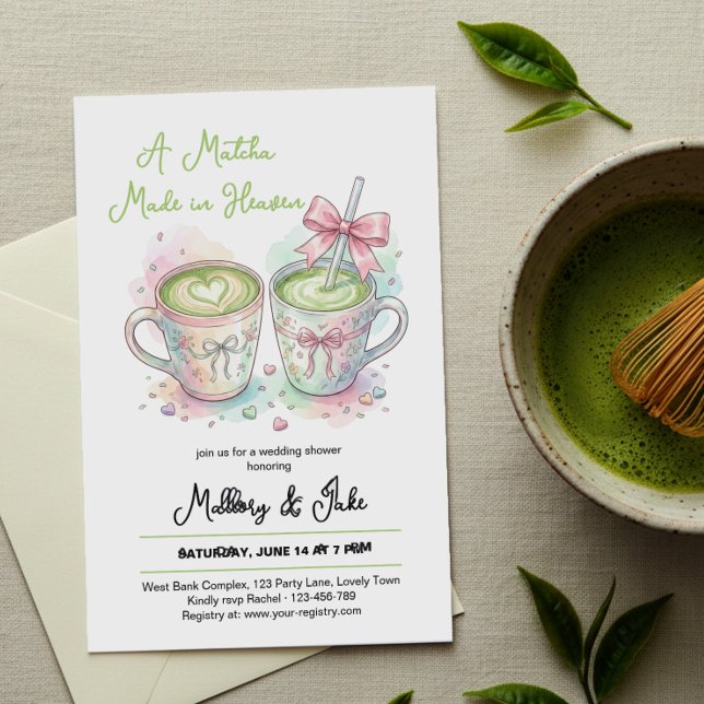 Invitation Pink Bow Matcha Made in Heaven Wedding Shower (Available to order professionally printed or as an instant digital download to print or share.)