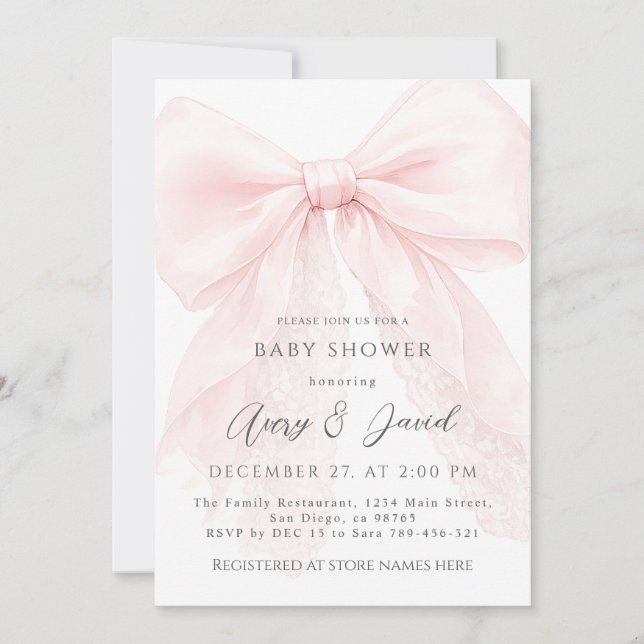 Invitation Pink Bow Modern Baby Shower Girl (Devant)