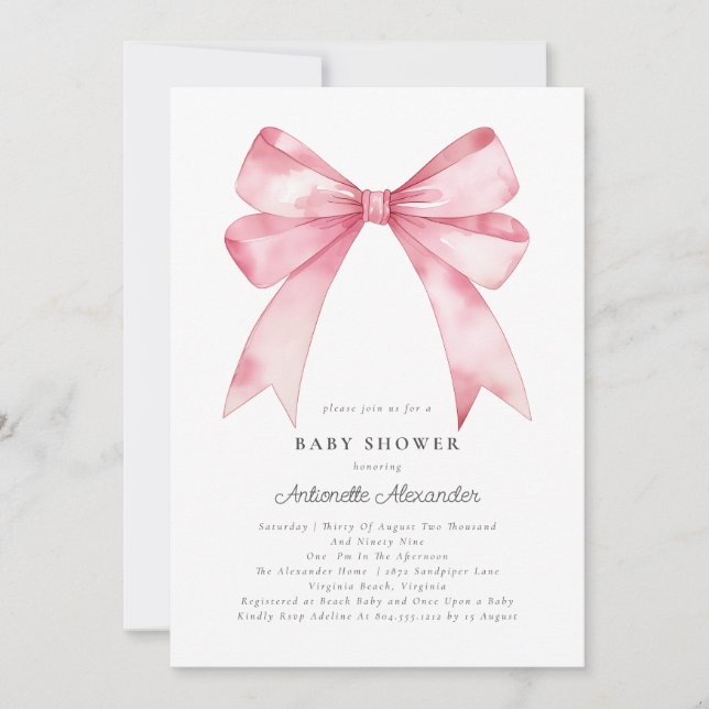 Invitation Pink Bow moderne Coquette Baby shower fille (Devant)