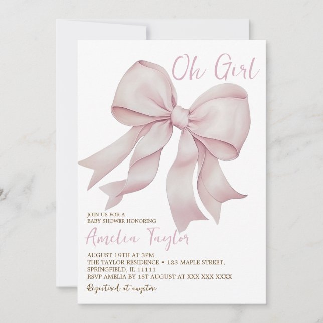 Invitation Pink Bow Oh Girl Baby shower élégant (Devant)