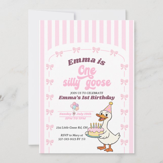 Invitation Pink Bow One Silly Goose Girl 1st Birthday Party  (Devant)
