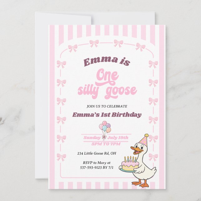 Invitation Pink Bow One Silly Goose Girl 1st Birthday Party (Devant)