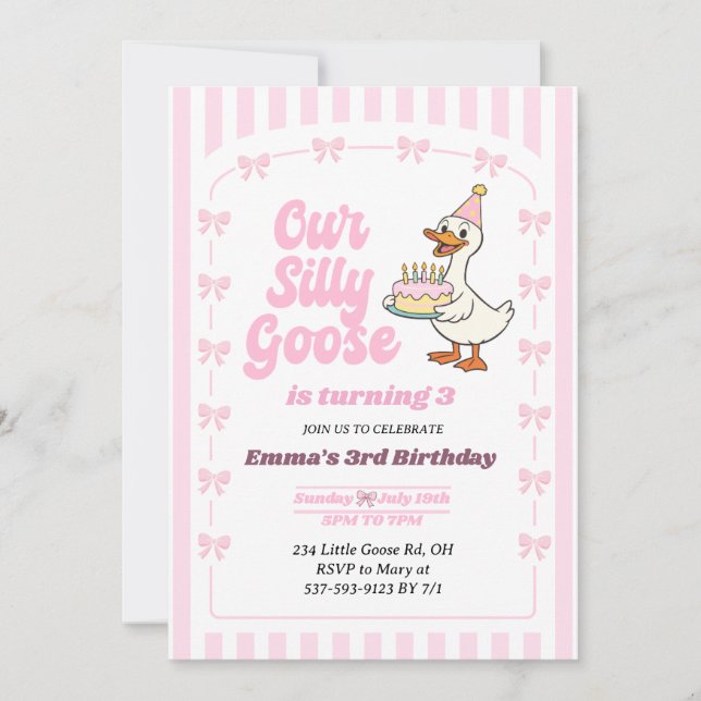 Invitation Pink Bow One Silly Goose Girl 3rd Birthday Party (Devant)