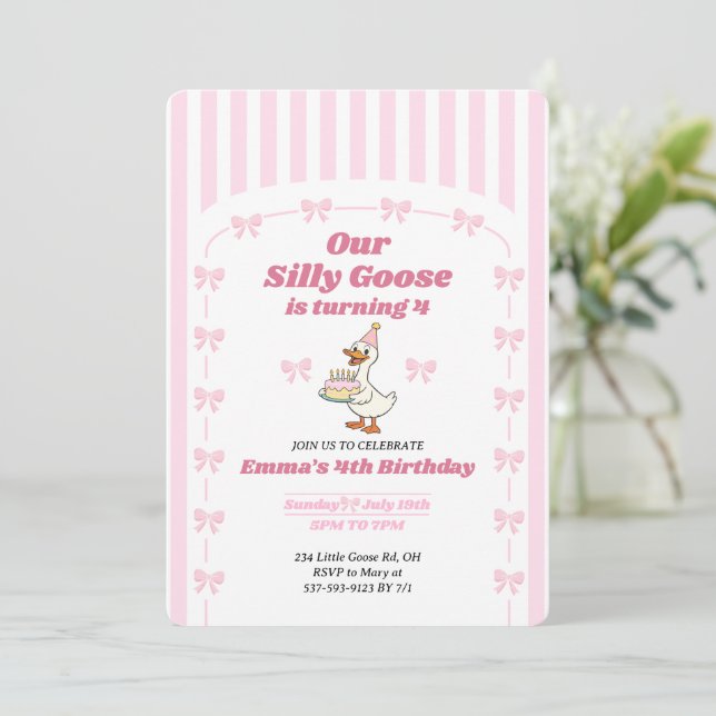 Invitation Pink Bow One Silly Goose Girl 4th Birthday Party (Debout devant)