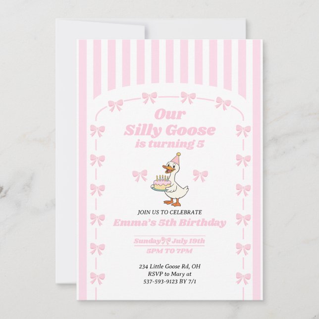 Invitation Pink Bow One Silly Goose Girl 5th Birthday Party (Devant)