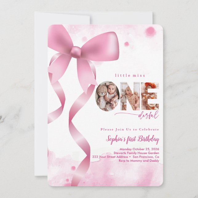 Invitation Pink Bow Onederful Baby Girl Photo 1er anniversair (Devant)