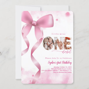 Invitation Pink Bow Onederful Baby Girl Photo 1er anniversair