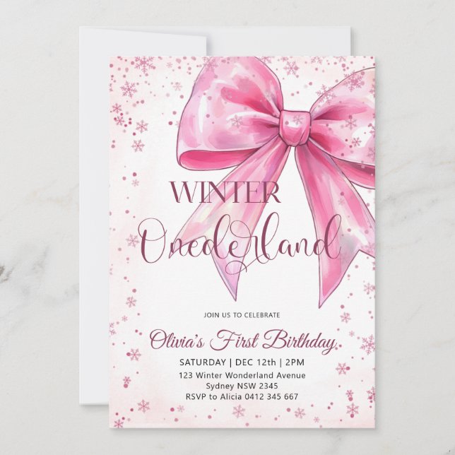 Invitation Pink Bow Onederland Christmas Birthday Party (Devant)