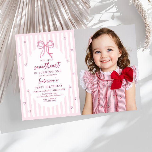 Invitation Pink Bow Our Little Sweetheart Birthday Photo (Créateur téléchargé)