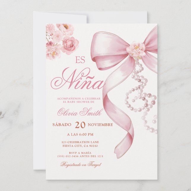 Invitation Pink Bow Pearl Floral Es Nina Spanish Baby Shower  (Devant)