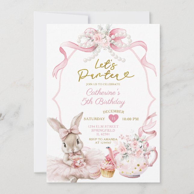 Invitation Pink Bow Pearl Let's Par-tea Bunny Girl Birthday (Devant)