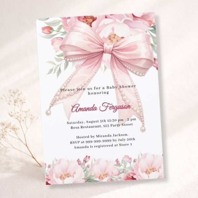 Invitation Pink bow pearls florals girl elegant Baby Shower (Créateur téléchargé)