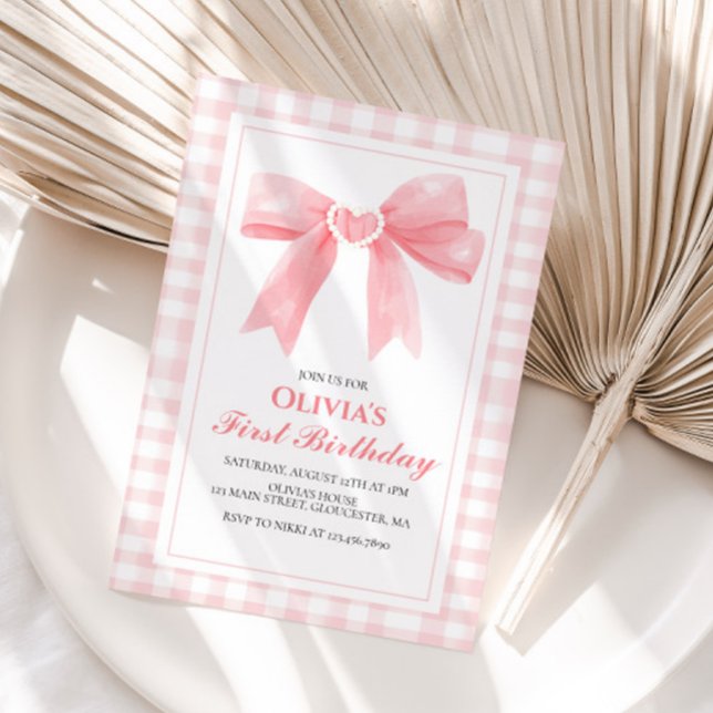 Invitation Pink Bow preppy Coquette 1er anniversaire (Créateur téléchargé)