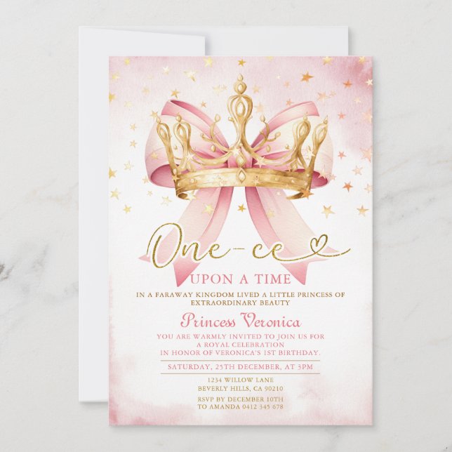 Invitation Pink Bow Princess ONE-CE Upon a time 1st birthday (Devant)