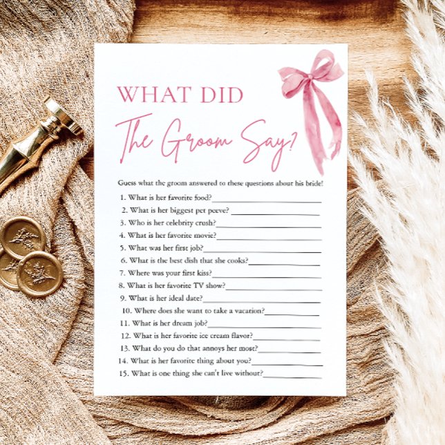 Invitation Pink Bow Qu'Est-Ce Que La Salle A Dit Fête des mar (Pink Bow What Did The Groom Say Bridal Shower Game)
