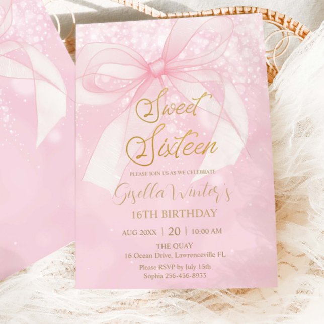 Invitation Pink Bow Ribbon Coquette Sweet 16 Sixteen Birthday (Créateur téléchargé)