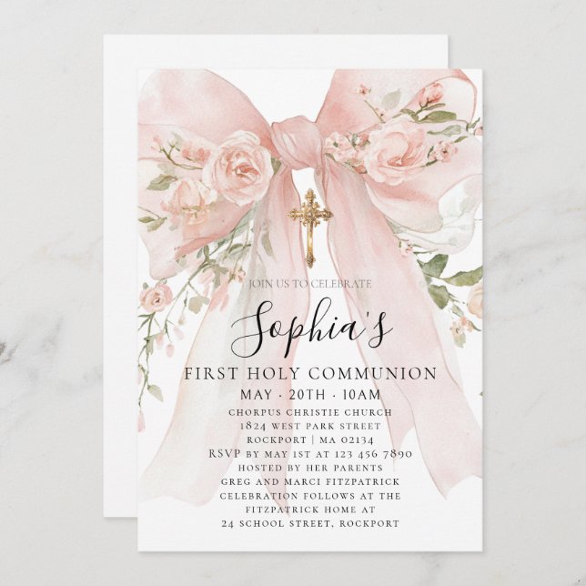 Invitation Pink Bow Rose Floral Girl First Communion (Devant / Derrière)