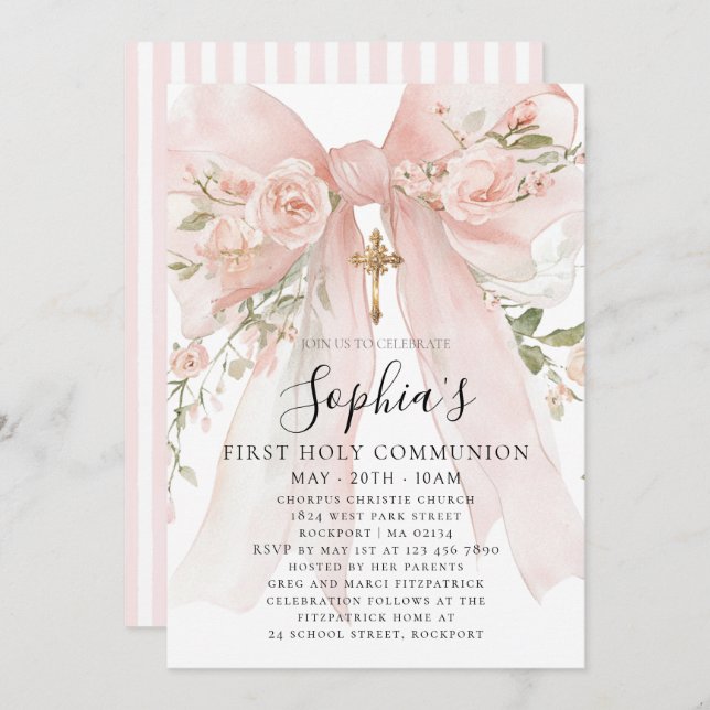 Invitation Pink Bow Rose Floral Girl First Communion (Devant / Derrière)