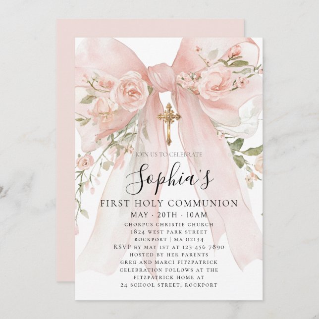 Invitation Pink Bow Rose Floral Girl First Communion (Devant / Derrière)