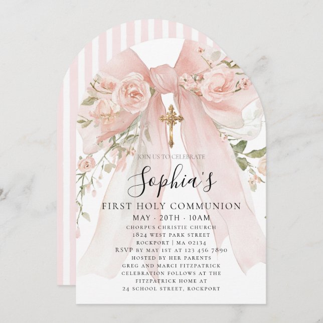 Invitation Pink Bow Rose Floral Girl First Communion Arch (Devant / Derrière)