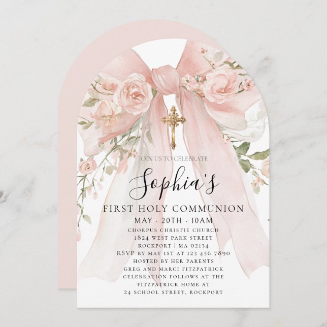 Invitation Pink Bow Rose Floral Girl First Communion Arch (Devant / Derrière)