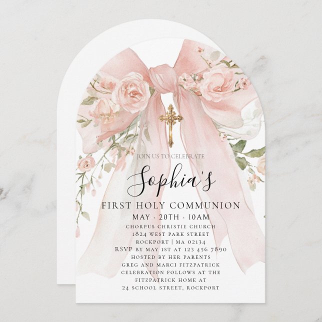 Invitation Pink Bow Rose Floral Girl First Communion Arch (Devant / Derrière)