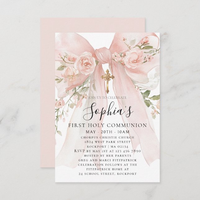 Invitation Pink Bow Rose Floral Girl First Communion Petite (Devant / Derrière)