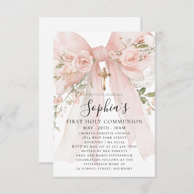 Invitation Pink Bow Rose Floral Girl First Communion Petite (Devant / Derrière)