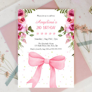 Invitation Pink Bow Rose Floral Pois Anniversaire