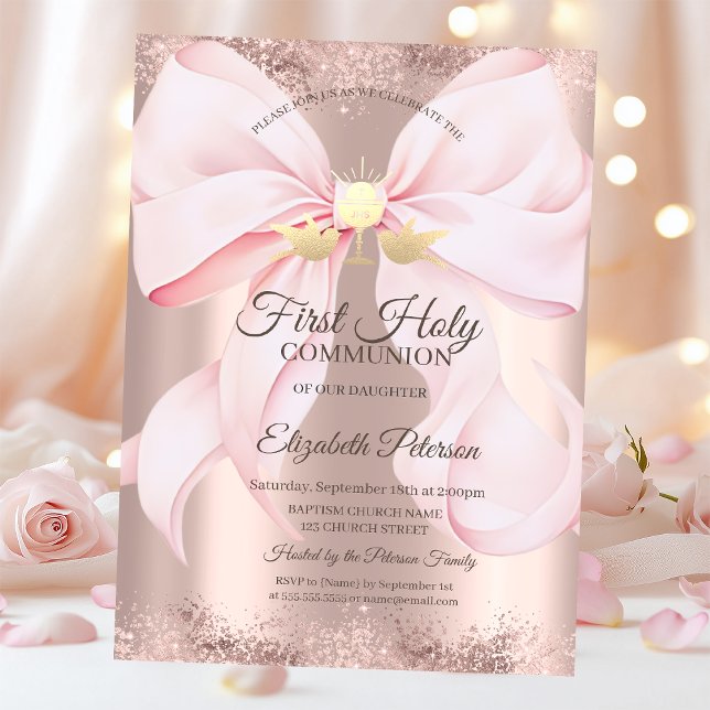 Invitation Pink Bow Rose Gold First Holy Communion   (Créateur téléchargé)