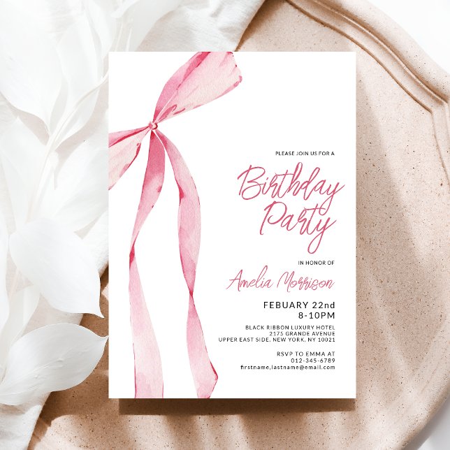 Invitation Pink Bow Ruban fête d'anniversaire Script (Créateur téléchargé)