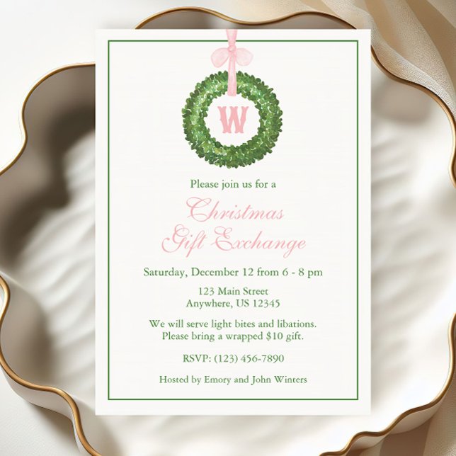 Invitation Pink Bow Sash Noël Monogramme Wreath Party (Créateur téléchargé)