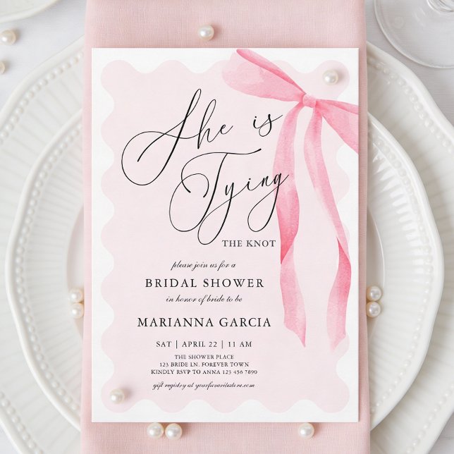 Invitation Pink Bow She is Tying the Knot Bridal Shower (Front of invite shown in 5 x 7 inches, choose size, paper, and corner style.)