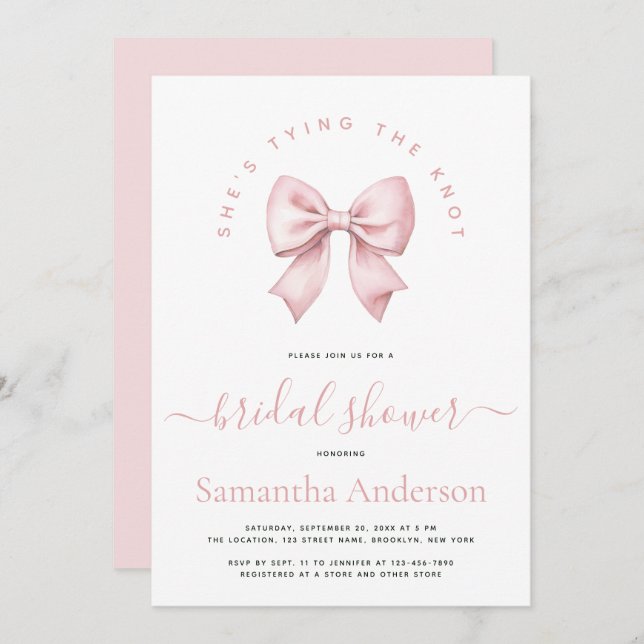 Invitation Pink Bow She's Tying the Knot Bridal Shower (Devant / Derrière)
