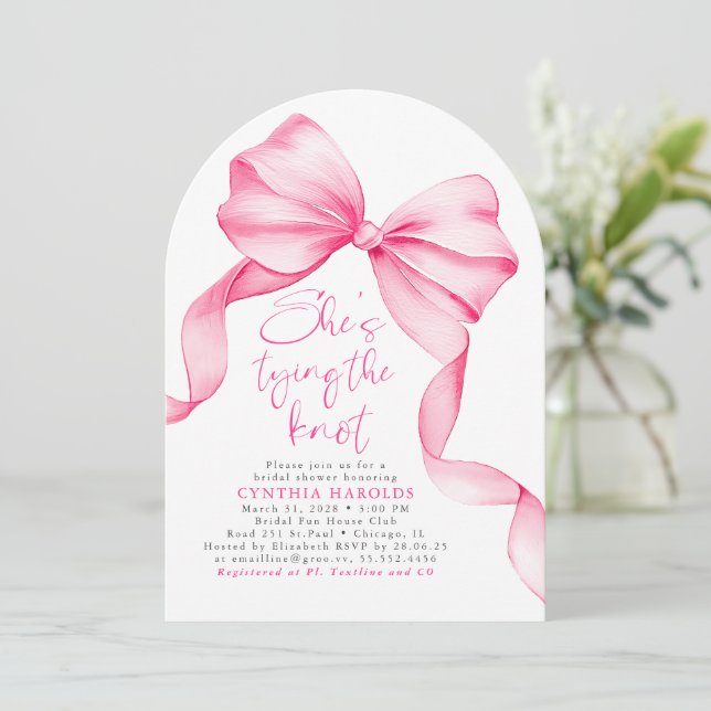 Invitation Pink Bow She's Tying the Knot Bridal Shower Photo (Debout devant)