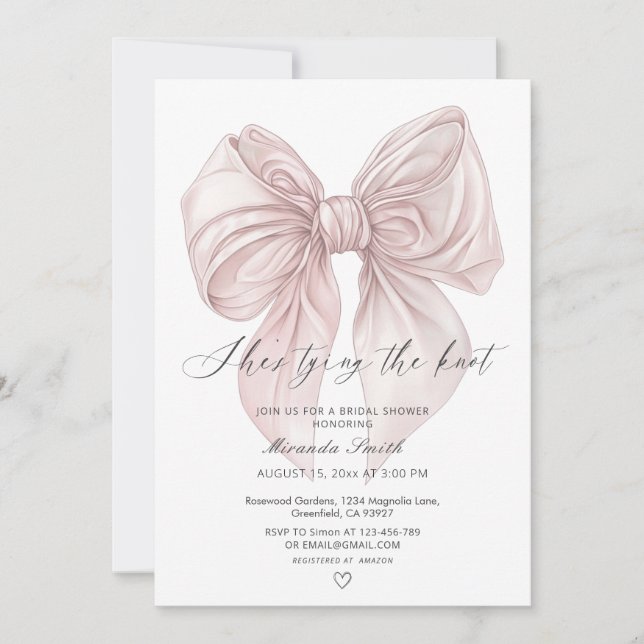 Invitation Pink Bow She's Tying The Knot Photo QR Bridal (Devant)