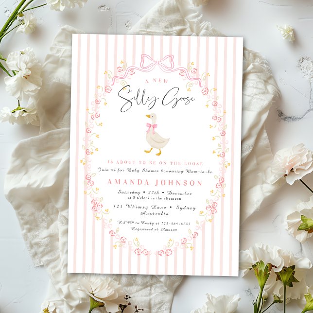 Invitation Pink Bow Silly Goose Coquette Gingham Baby Shower (Créateur téléchargé)
