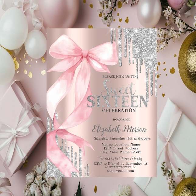 Invitation Pink Bow Silver Glitter Drips Rose Gold Sweet 16 (Créateur téléchargé)