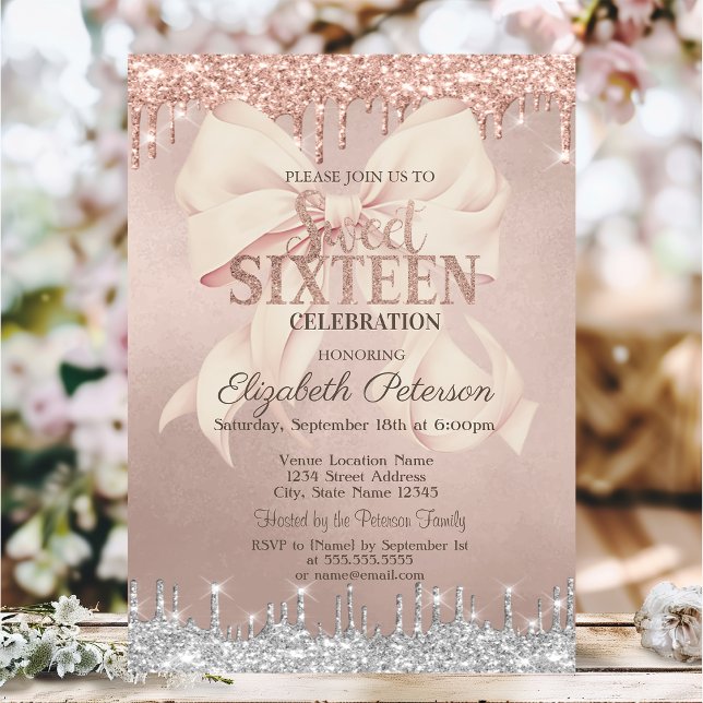Invitation Pink Bow Silver Glitter Drips Rose Gold  Sweet 16 (Créateur téléchargé)