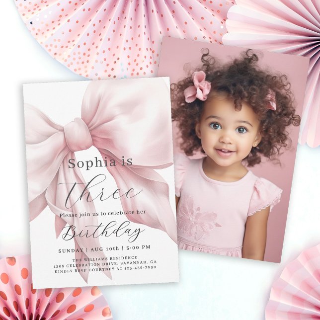 Invitation Pink Bow Simple fille fête d'anniversaire avec pho (Available in both printed and instant download digital formats.)